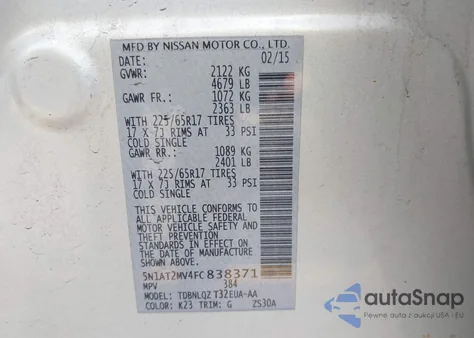 2015 Nissan Rogue Sv из США, поврежденный, VIN 5N1AT2MV4FC838371